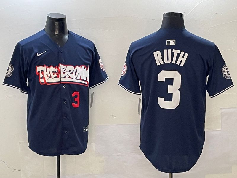 Men New York Yankees 3 Ruth Drak Blue four generations Joint Name 2025 Nike MLB Jersey style 3